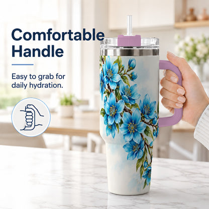 #pl[40oz|Pink] Sky Blue Floral 40oz Tumbler with Handle, Botanical Blossom Art