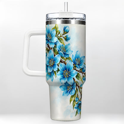 Sky Blue Floral 40oz Tumbler with Handle, Botanical Blossom Art