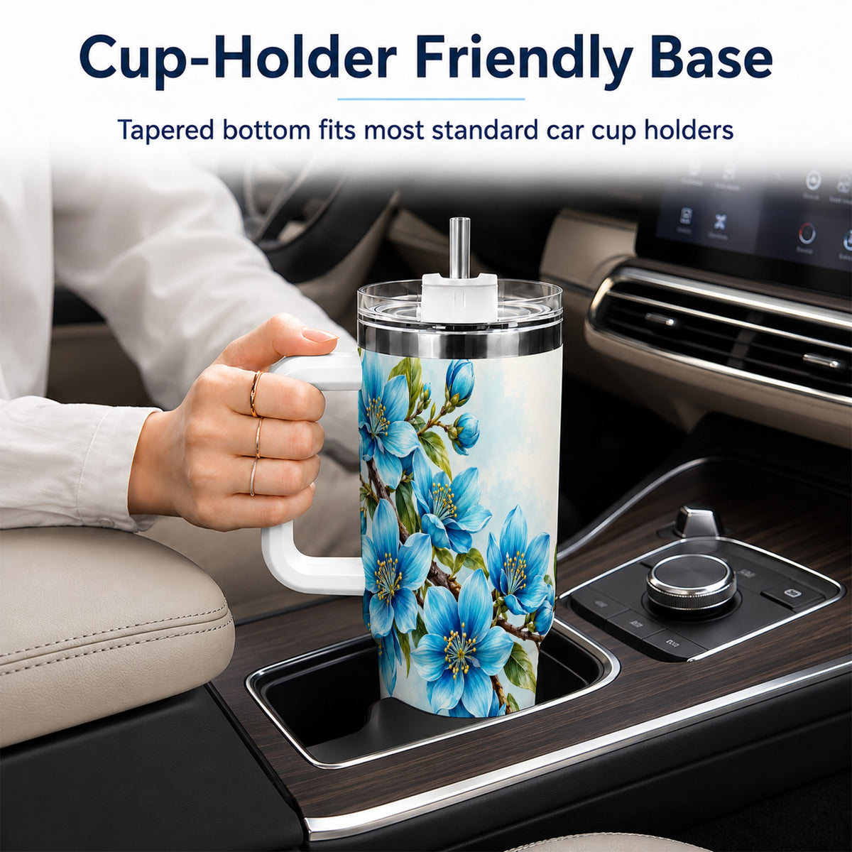 Sky Blue Floral 40oz Tumbler with Handle, Botanical Blossom Art