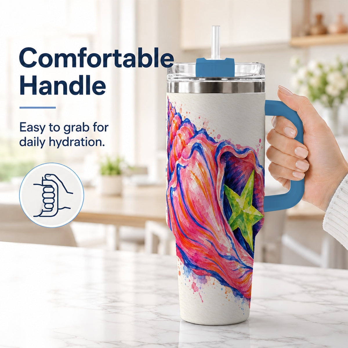 #pl[40oz|Blue] Pink Seashell 40oz Tumbler with Handle, Tropical Coastal Art