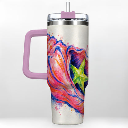 #pl[40oz|Pink] Pink Seashell 40oz Tumbler with Handle, Tropical Coastal Art