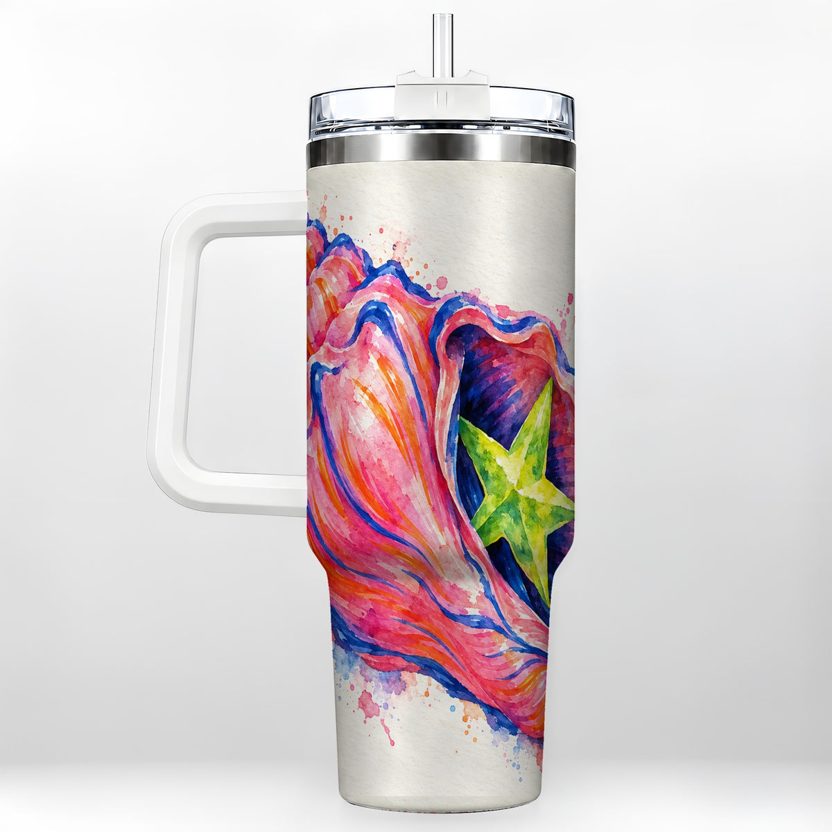 Pink Seashell 40oz Tumbler with Handle, Tropical Coastal Art