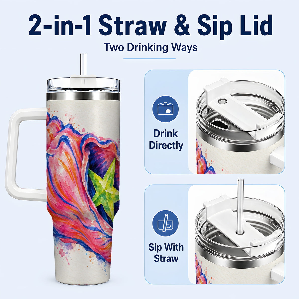 #pl[40oz|White] Pink Seashell 40oz Tumbler with Handle, Tropical Coastal Art