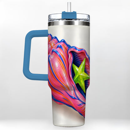 #pl[40oz|Blue] Pink Seashell 40oz Tumbler with Handle, Coastal Ocean Art Drinkware