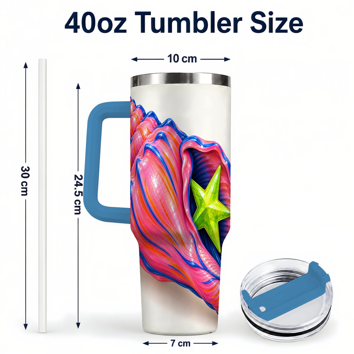 #pl[40oz|Blue] Pink Seashell 40oz Tumbler with Handle, Coastal Ocean Art Drinkware