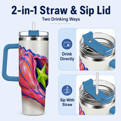 #pl[40oz|Blue] Pink Seashell 40oz Tumbler with Handle, Coastal Ocean Art Drinkware