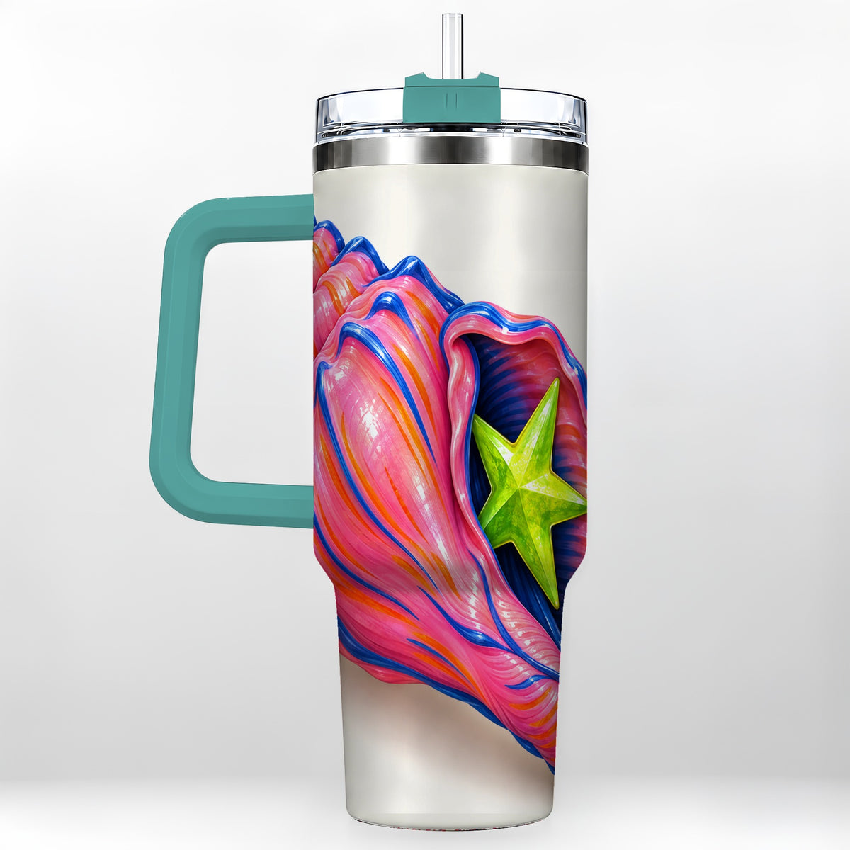 #pl[40oz|Green] Pink Seashell 40oz Tumbler with Handle, Coastal Ocean Art Drinkware