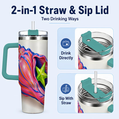 #pl[40oz|Green] Pink Seashell 40oz Tumbler with Handle, Coastal Ocean Art Drinkware