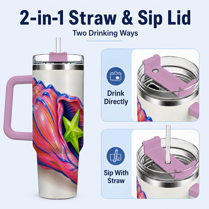 #pl[40oz|Pink] Pink Seashell 40oz Tumbler with Handle, Coastal Ocean Art Drinkware