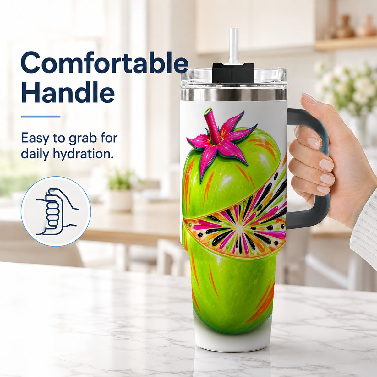 #pl[40oz|Black] Neon Fruit 40oz Tumbler with Handle, Colorful Tropical Pop Art