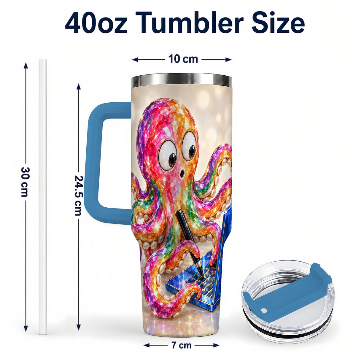 #pl[40oz|Blue] Rainbow Octopus 40oz Tumbler with Handle, Colorful Computer Art