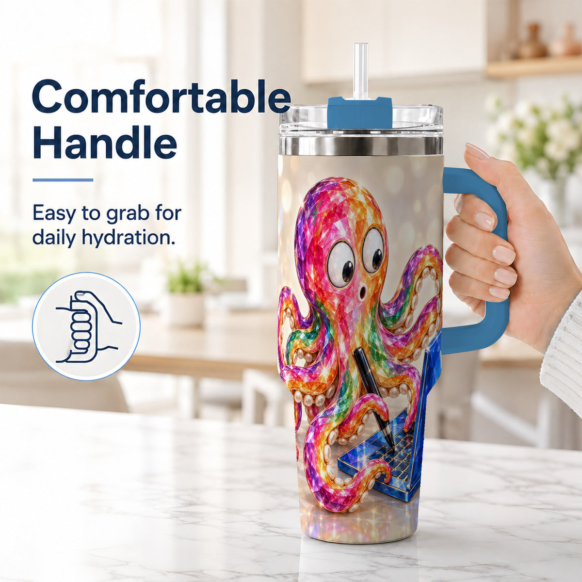#pl[40oz|Blue] Rainbow Octopus 40oz Tumbler with Handle, Colorful Computer Art