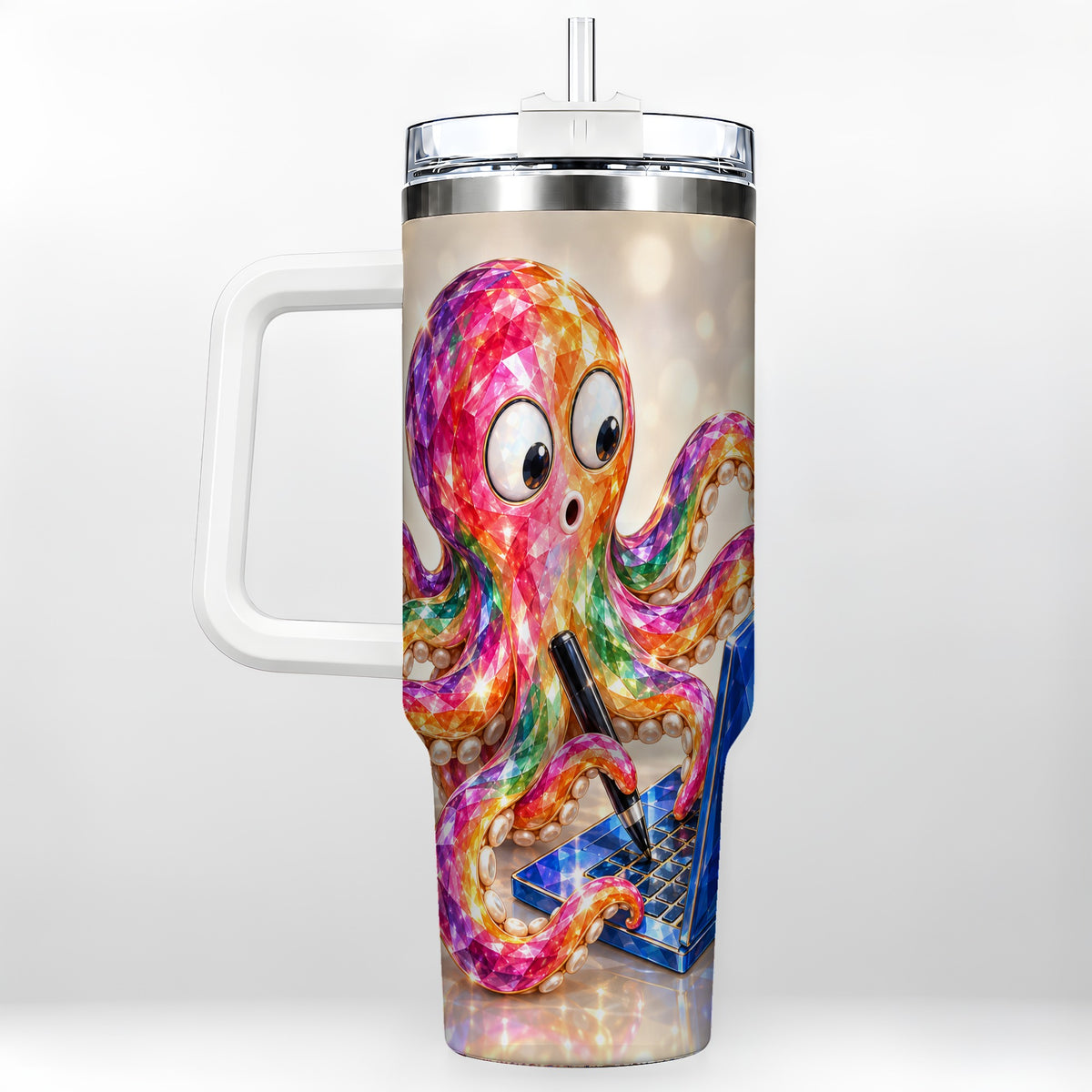 Rainbow Octopus 40oz Tumbler with Handle, Colorful Computer Art