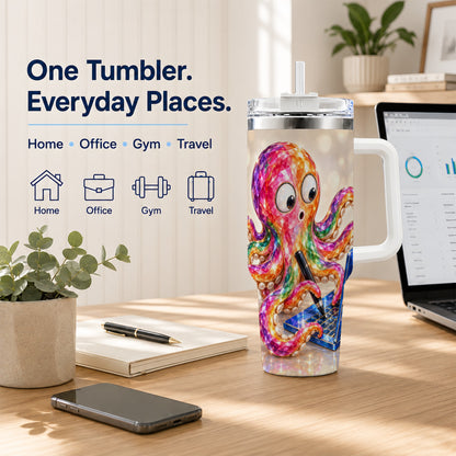 Rainbow Octopus 40oz Tumbler with Handle, Colorful Computer Art
