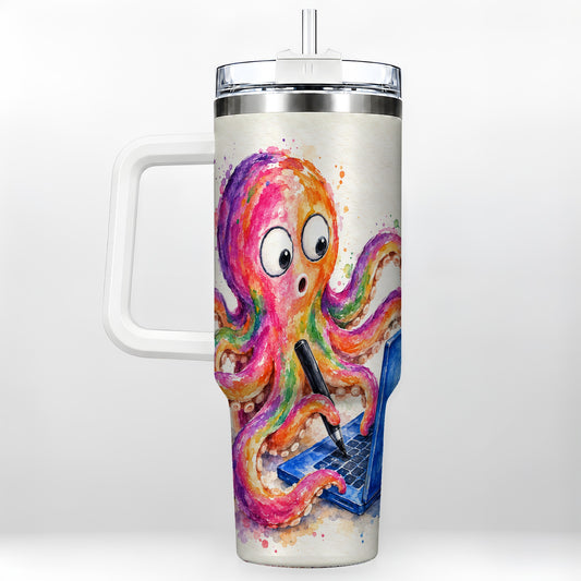 Rainbow Octopus 40oz Tumbler with Handle, Colorful Ocean Creature Art