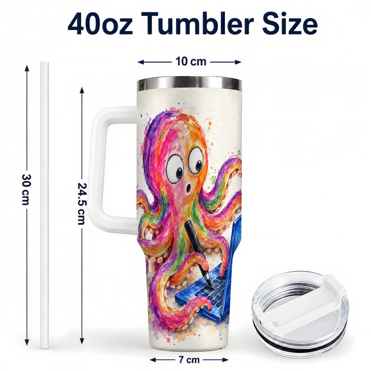 #pl[40oz|White] Rainbow Octopus 40oz Tumbler with Handle, Colorful Ocean Creature Art