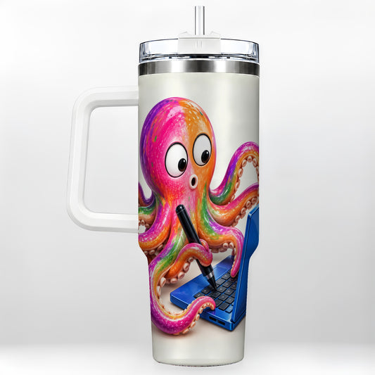 Funny Octopus 40oz Tumbler with Handle, Rainbow Cartoon Sea Animal Art