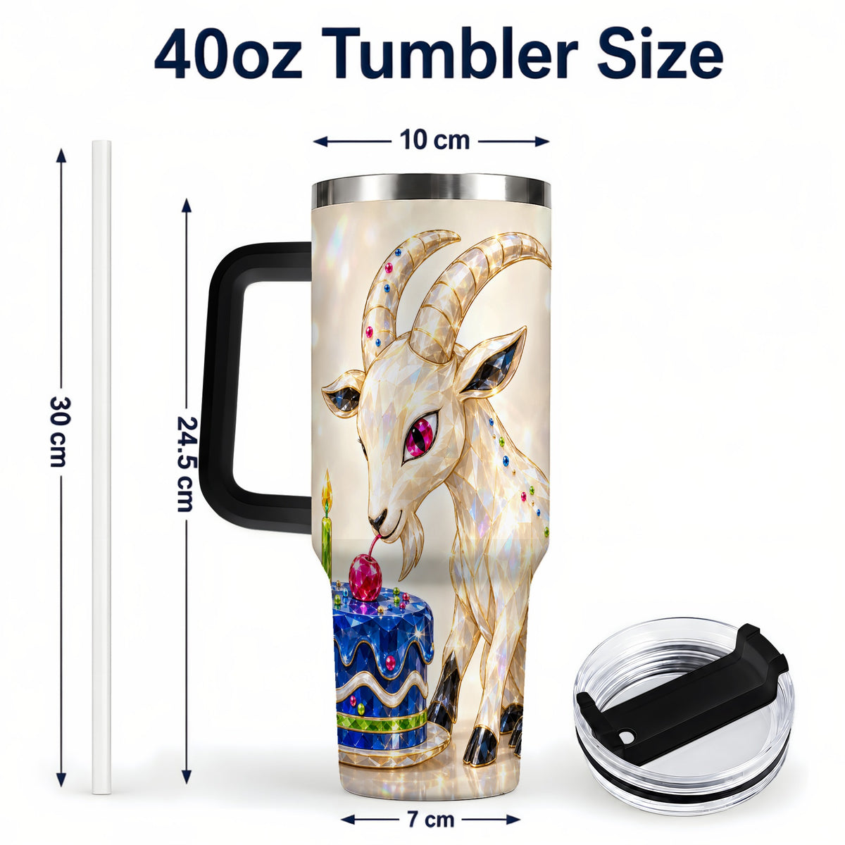 #pl[40oz|Black] Crystal Goat 40oz Tumbler with Handle, Jeweled Birthday Animal Art