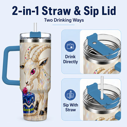 #pl[40oz|Blue] Crystal Goat 40oz Tumbler with Handle, Jeweled Birthday Animal Art
