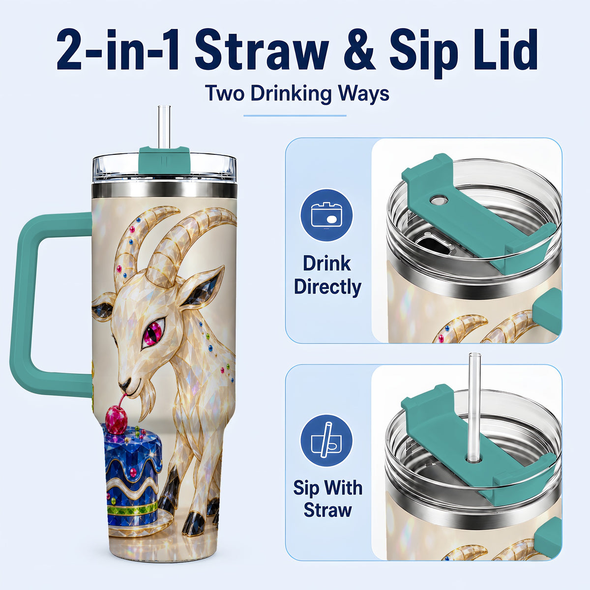 #pl[40oz|Green] Crystal Goat 40oz Tumbler with Handle, Jeweled Birthday Animal Art
