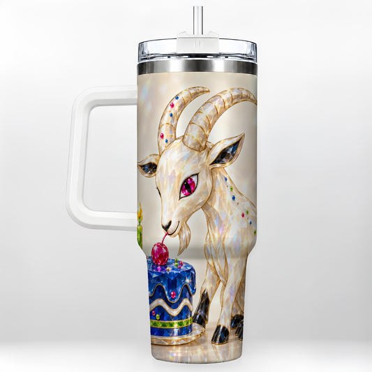 Crystal Goat 40oz Tumbler with Handle, Jeweled Birthday Animal Art