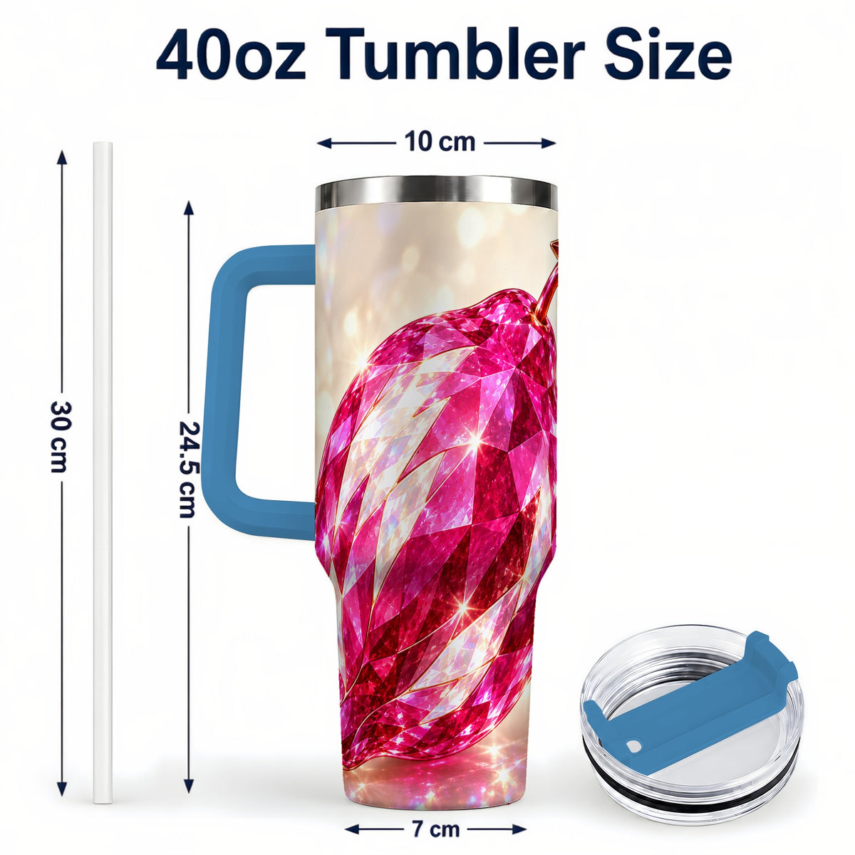 #pl[40oz|Blue] Pink Crystal Pepper 40oz Tumbler with Handle, Ruby Gemstone Art