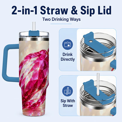 #pl[40oz|Blue] Pink Crystal Pepper 40oz Tumbler with Handle, Ruby Gemstone Art