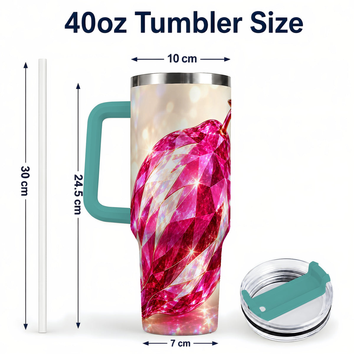 #pl[40oz|Green] Pink Crystal Pepper 40oz Tumbler with Handle, Ruby Gemstone Art