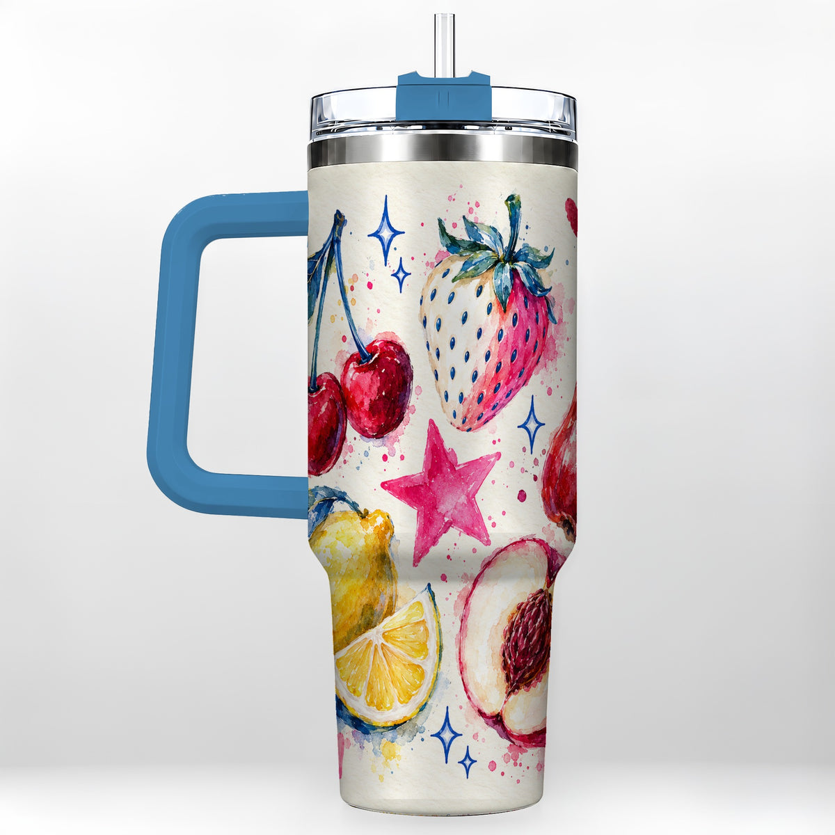 #pl[40oz|Blue] Watercolor Fruit 40oz Tumbler with Handle, Cherry Strawberry Art