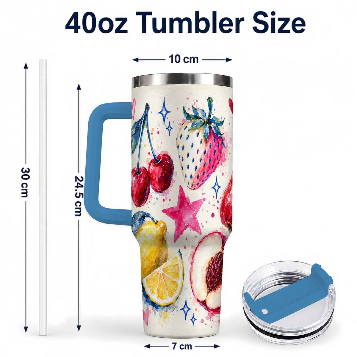 #pl[40oz|Blue] Watercolor Fruit 40oz Tumbler with Handle, Cherry Strawberry Art