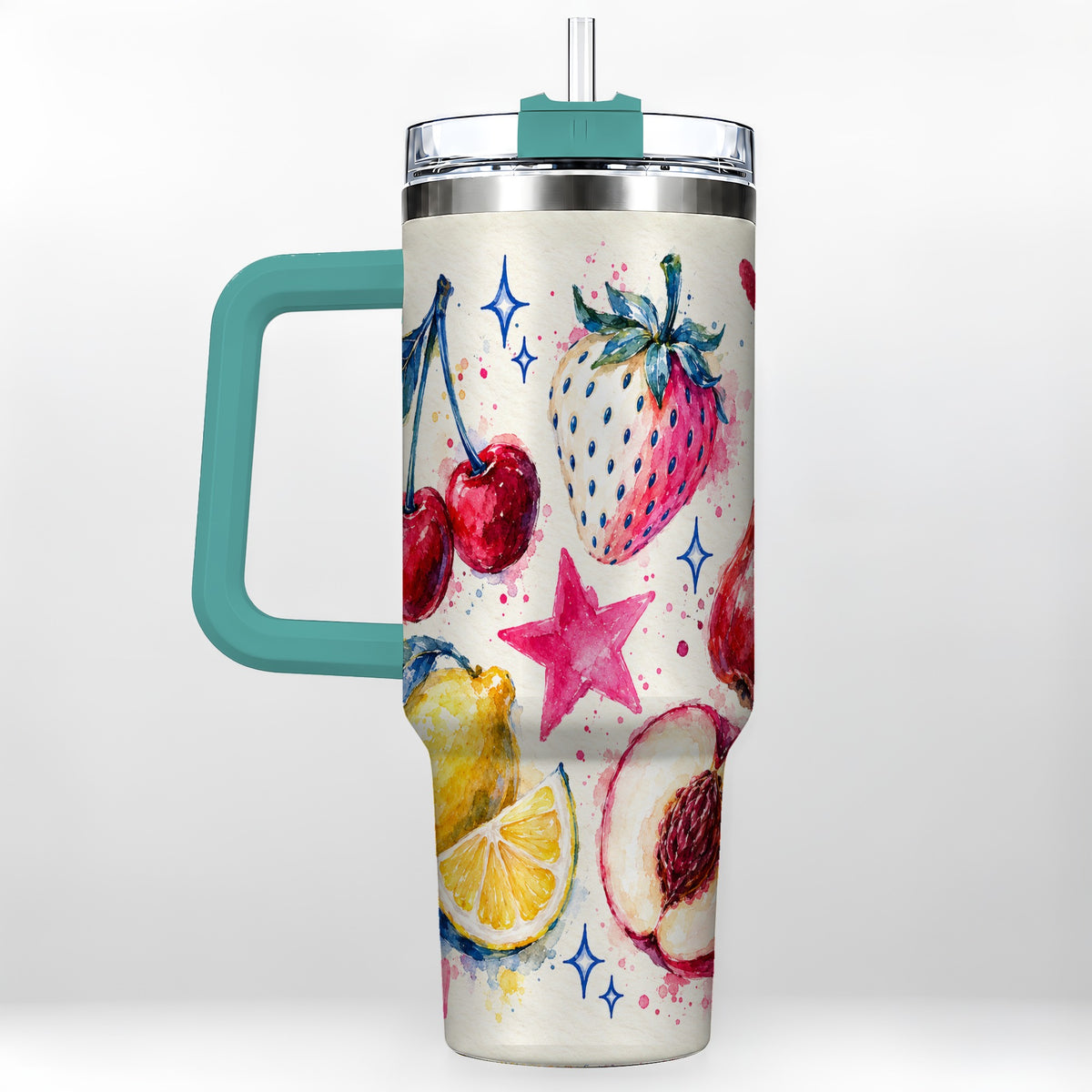 #pl[40oz|Green] Watercolor Fruit 40oz Tumbler with Handle, Cherry Strawberry Art
