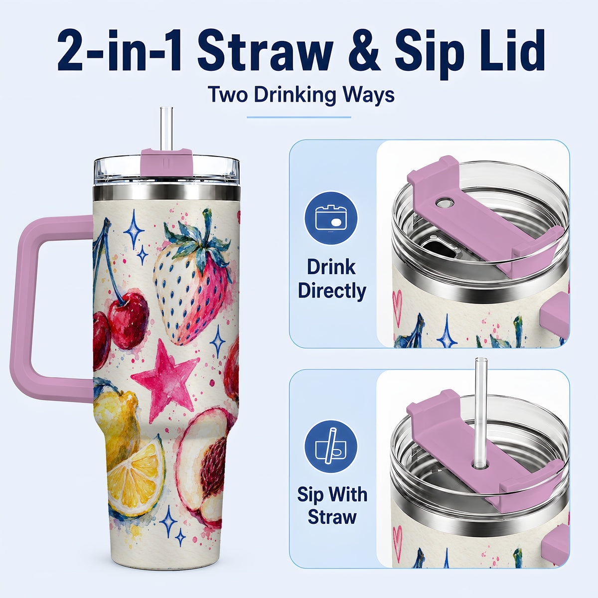 #pl[40oz|Pink] Watercolor Fruit 40oz Tumbler with Handle, Cherry Strawberry Art
