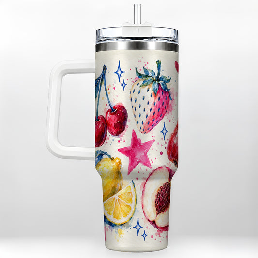 Watercolor Fruit 40oz Tumbler with Handle, Cherry Strawberry Art