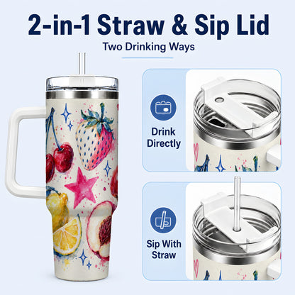 #pl[40oz|White] Watercolor Fruit 40oz Tumbler with Handle, Cherry Strawberry Art