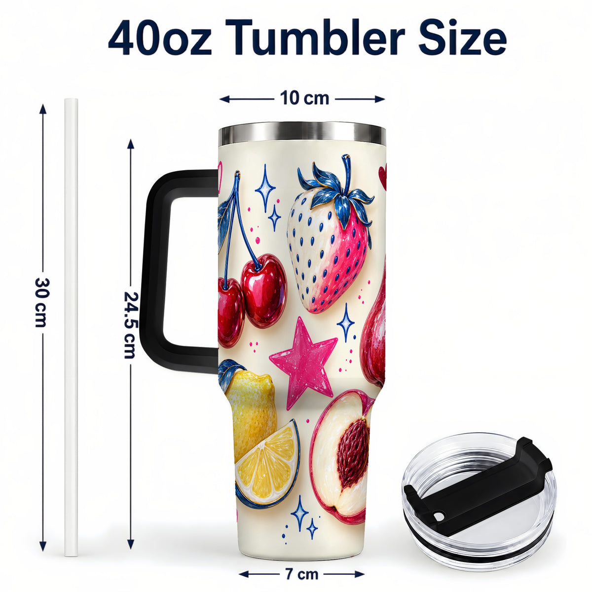 #pl[40oz|Black] Colorful Fruit 40oz Tumbler with Handle, Whimsical Cherry Berry Art