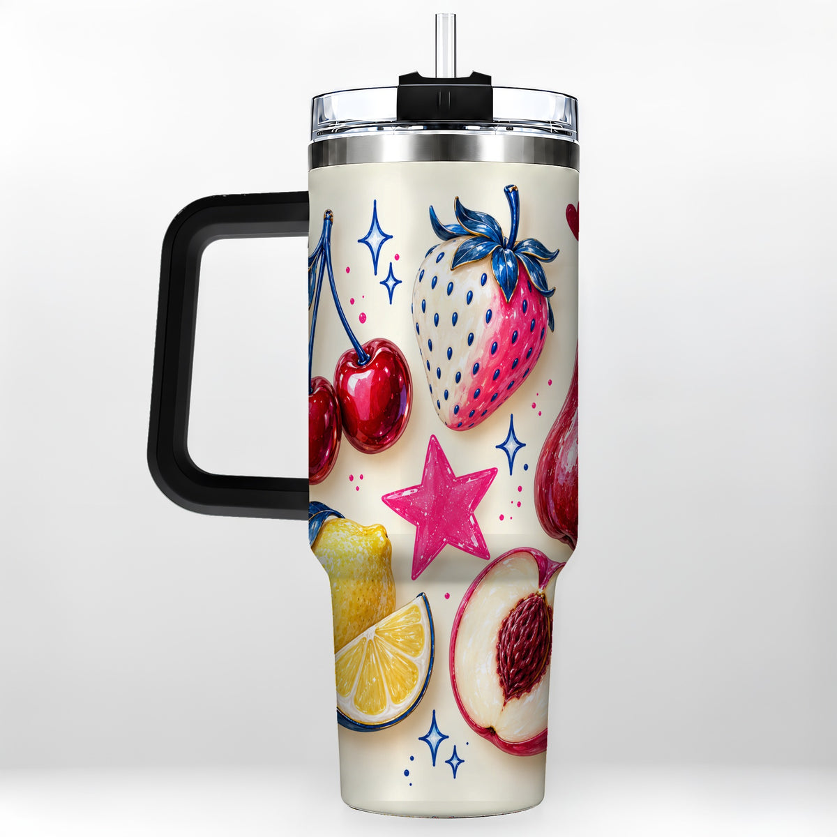 #pl[40oz|Black] Colorful Fruit 40oz Tumbler with Handle, Whimsical Cherry Berry Art