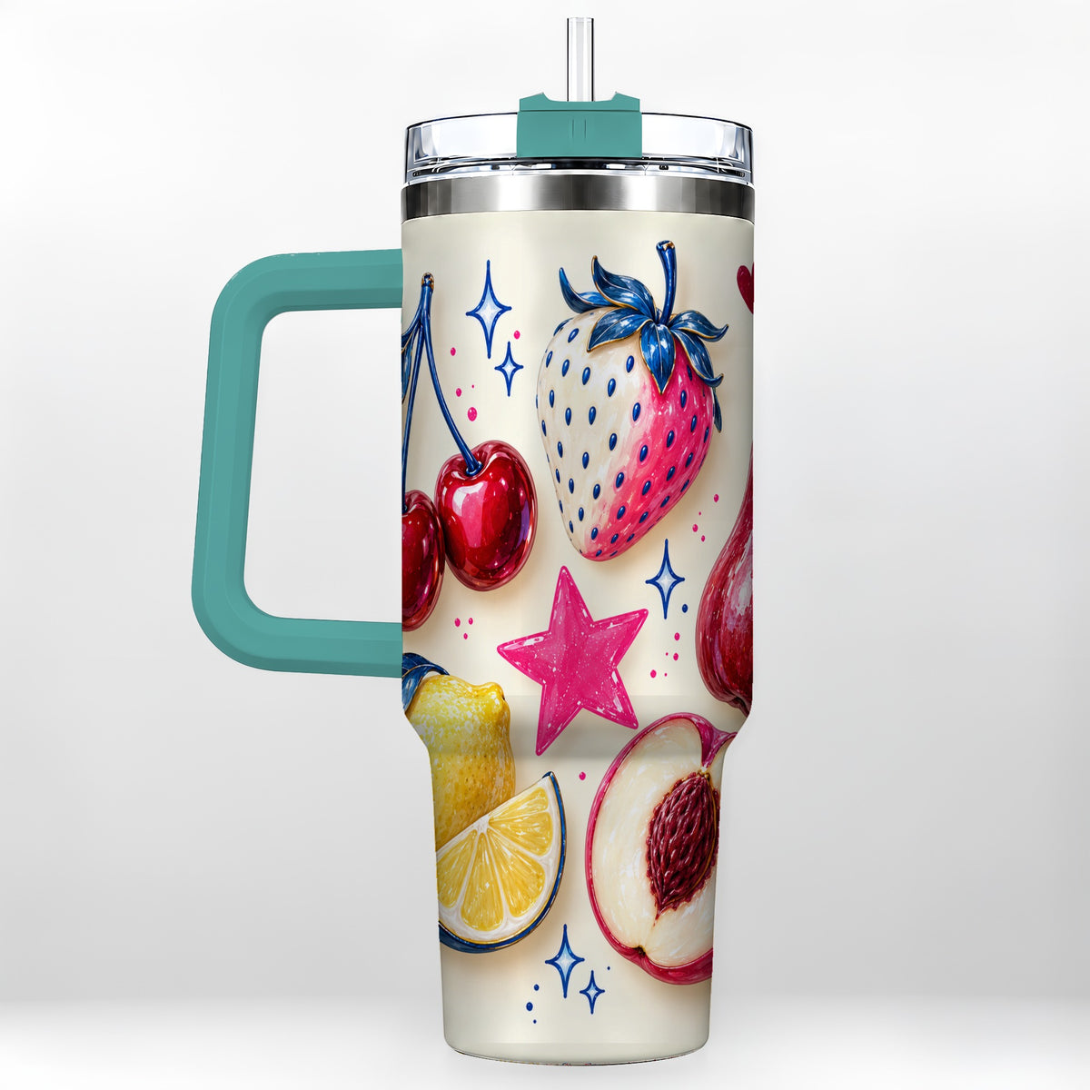 #pl[40oz|Green] Colorful Fruit 40oz Tumbler with Handle, Whimsical Cherry Berry Art