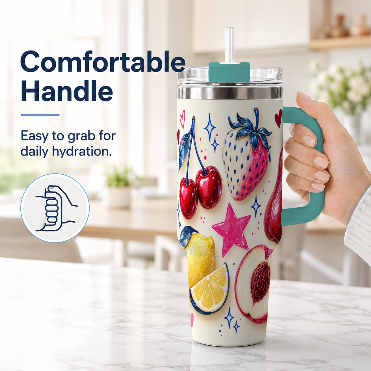 #pl[40oz|Green] Colorful Fruit 40oz Tumbler with Handle, Whimsical Cherry Berry Art