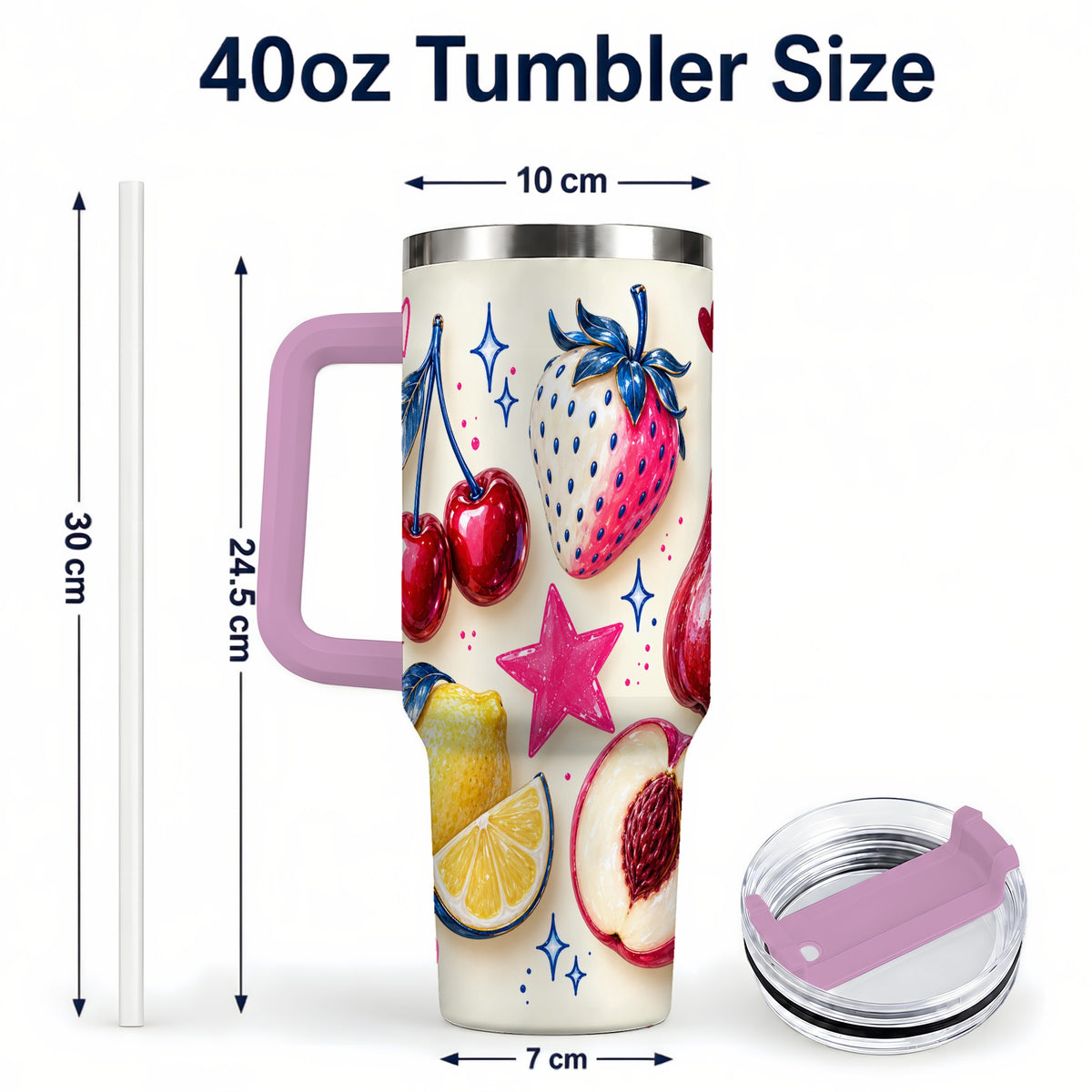 #pl[40oz|Pink] Colorful Fruit 40oz Tumbler with Handle, Whimsical Cherry Berry Art