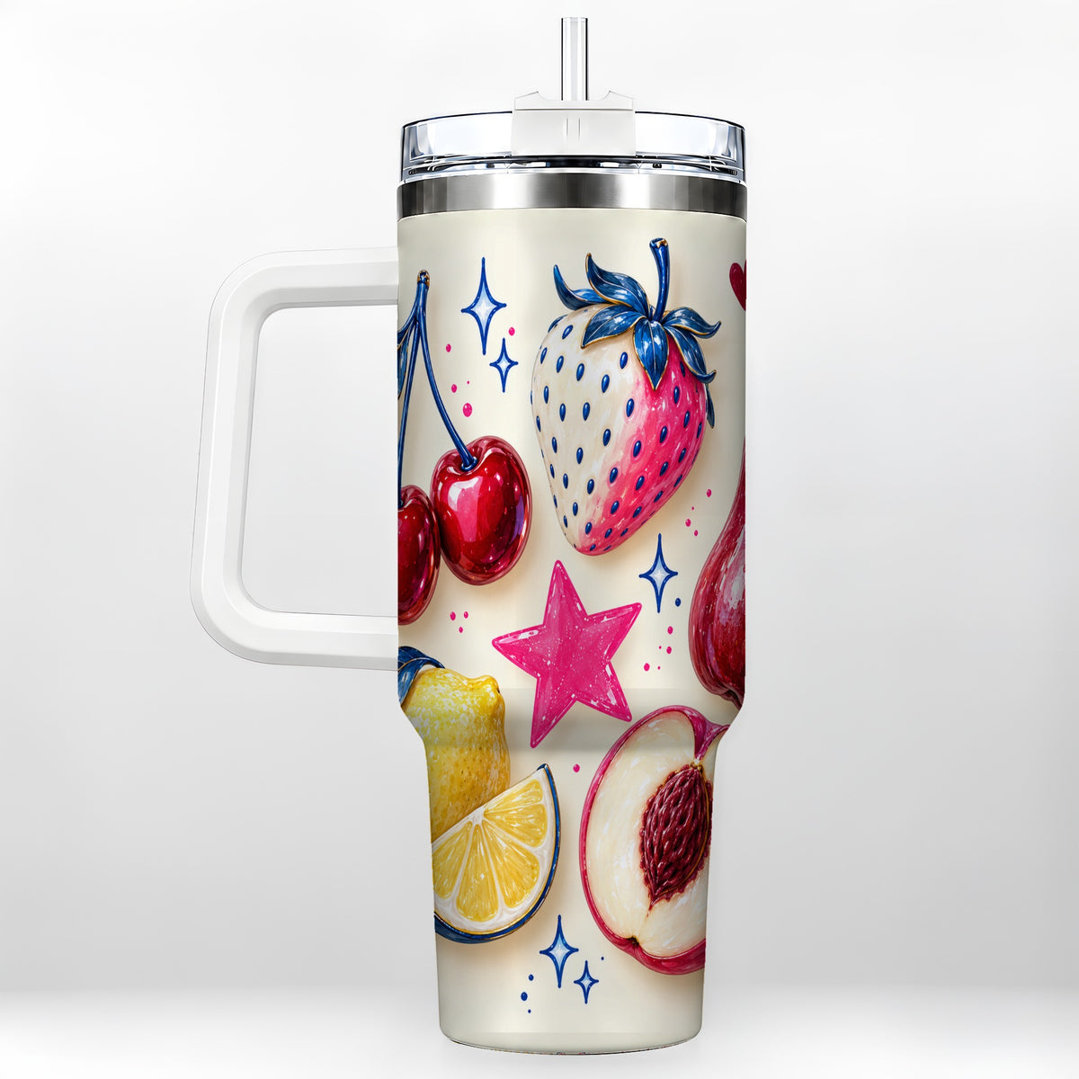 Colorful Fruit 40oz Tumbler with Handle, Whimsical Cherry Berry Art