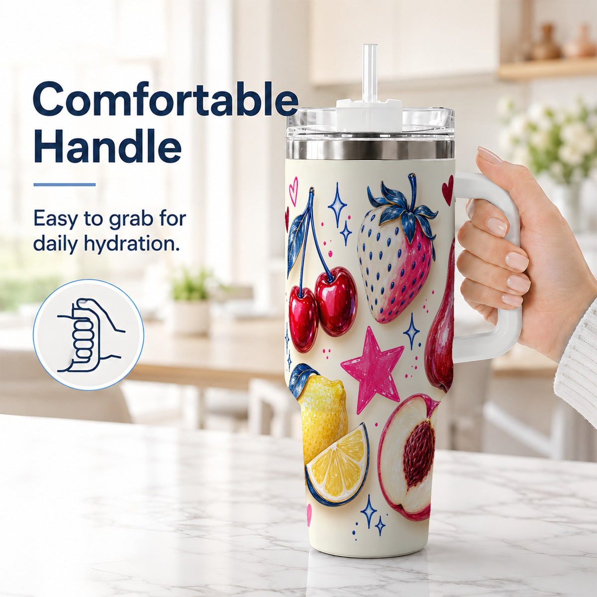 #pl[40oz|White] Colorful Fruit 40oz Tumbler with Handle, Whimsical Cherry Berry Art