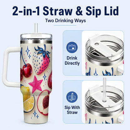 #pl[40oz|White] Colorful Fruit 40oz Tumbler with Handle, Whimsical Cherry Berry Art