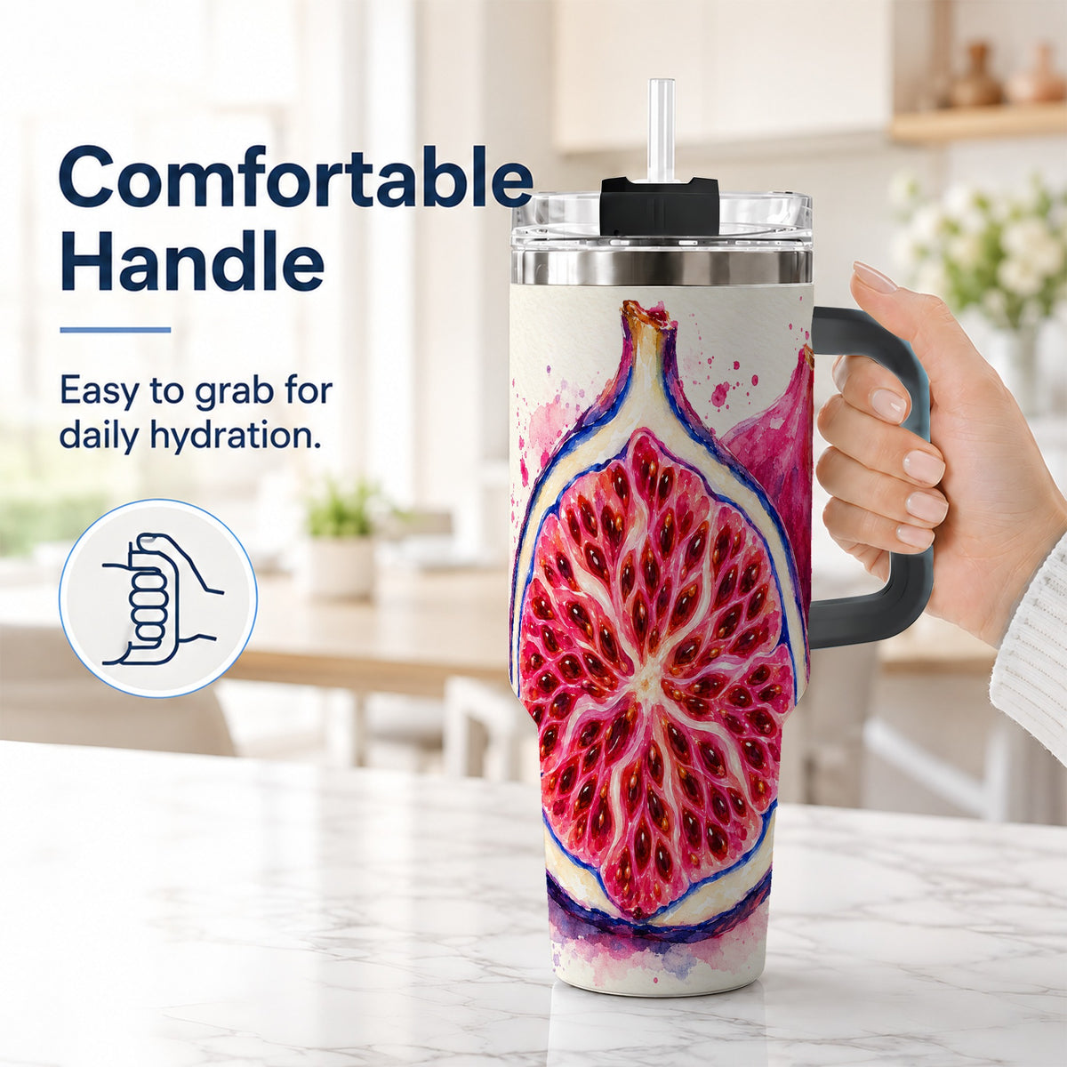 #pl[40oz|Black] Watercolor Fig 40oz Tumbler with Handle, Botanical Fruit Illustration