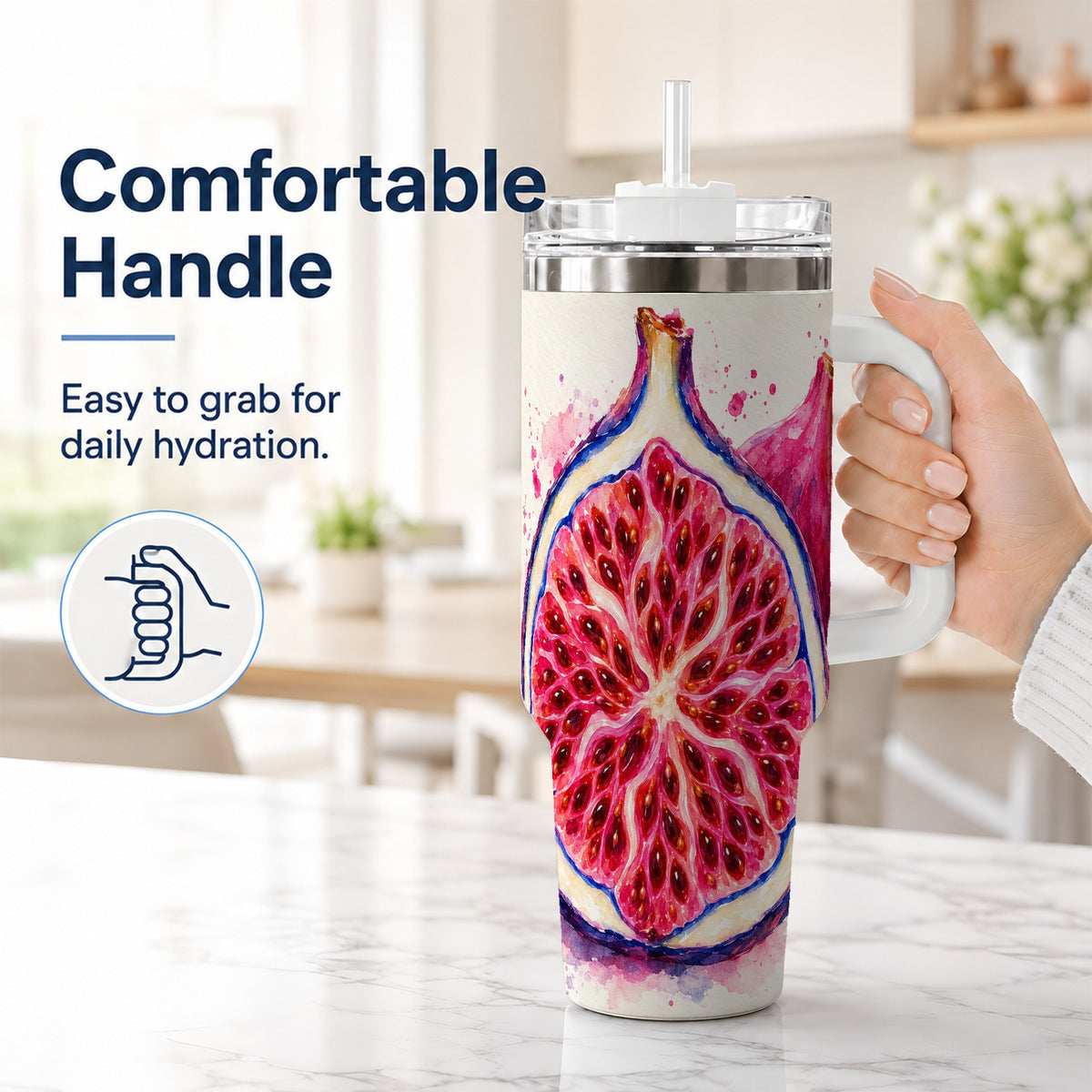 #pl[40oz|White] Watercolor Fig 40oz Tumbler with Handle, Botanical Fruit Illustration