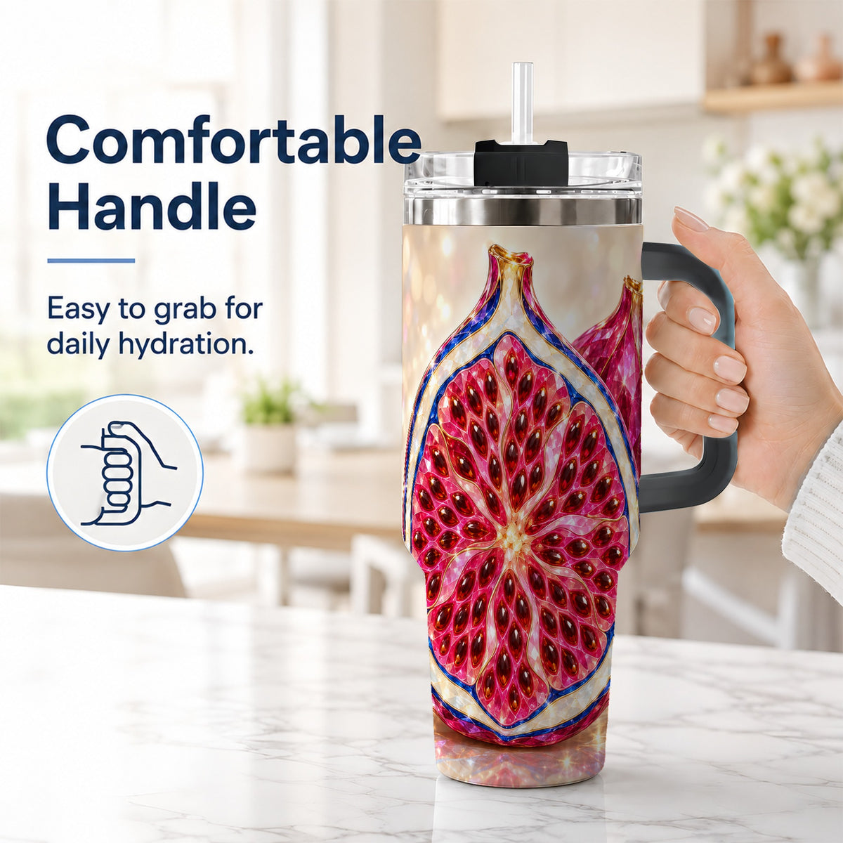 #pl[40oz|Black] Gemstone Fig 40oz Tumbler with Handle, Sparkling Botanical Fruit Art