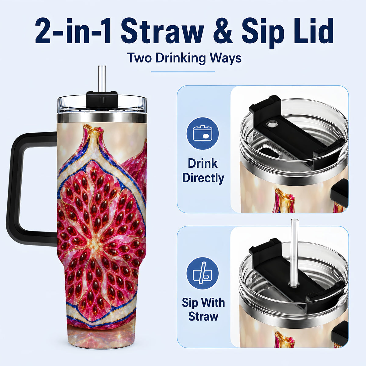 #pl[40oz|Black] Gemstone Fig 40oz Tumbler with Handle, Sparkling Botanical Fruit Art