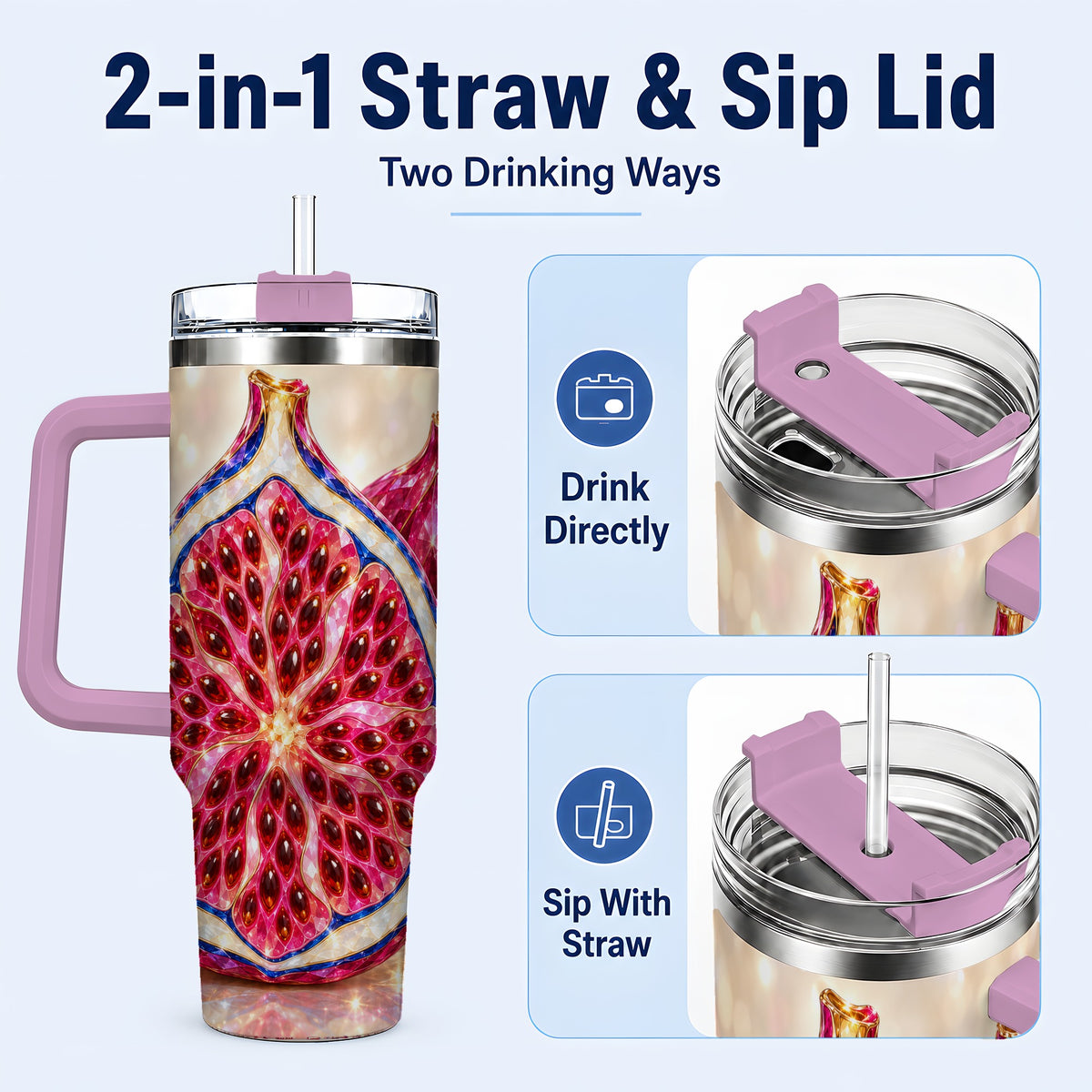 #pl[40oz|Pink] Gemstone Fig 40oz Tumbler with Handle, Sparkling Botanical Fruit Art