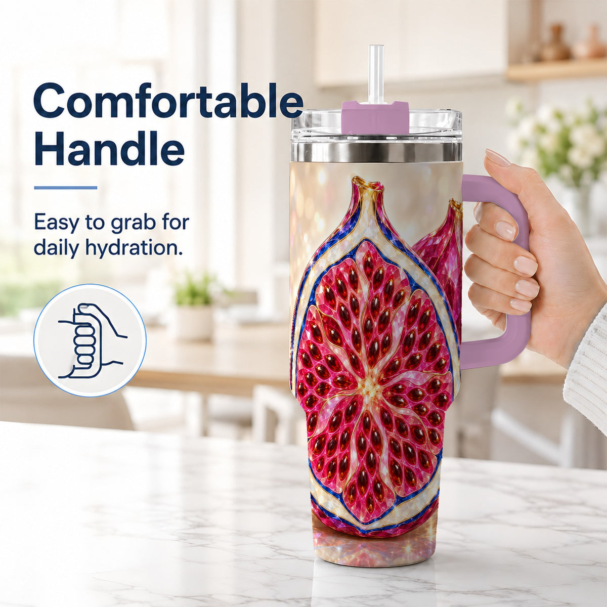 #pl[40oz|Pink] Gemstone Fig 40oz Tumbler with Handle, Sparkling Botanical Fruit Art