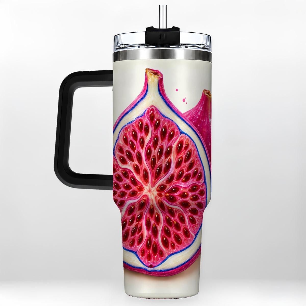 #pl[40oz|Black] Pink Fig 40oz Tumbler with Handle, Vibrant Botanical Fruit Art