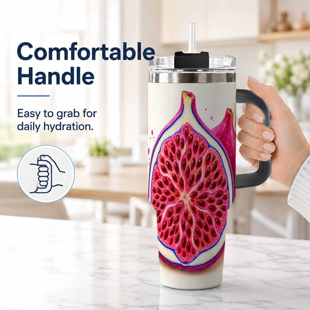 #pl[40oz|Black] Pink Fig 40oz Tumbler with Handle, Vibrant Botanical Fruit Art